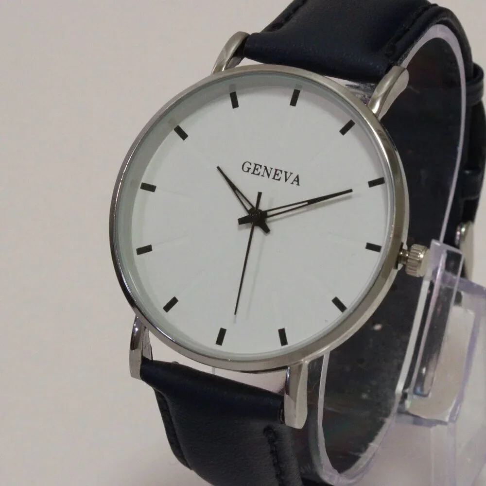 Men's Minimalist Fashion Watch Silver Case White Dial Navy Blue Strap 40mm
